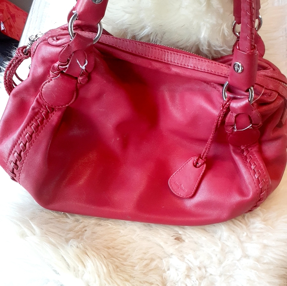 Cole Haan Hobo Apple red Leather purse satchel Tassel Braid trim